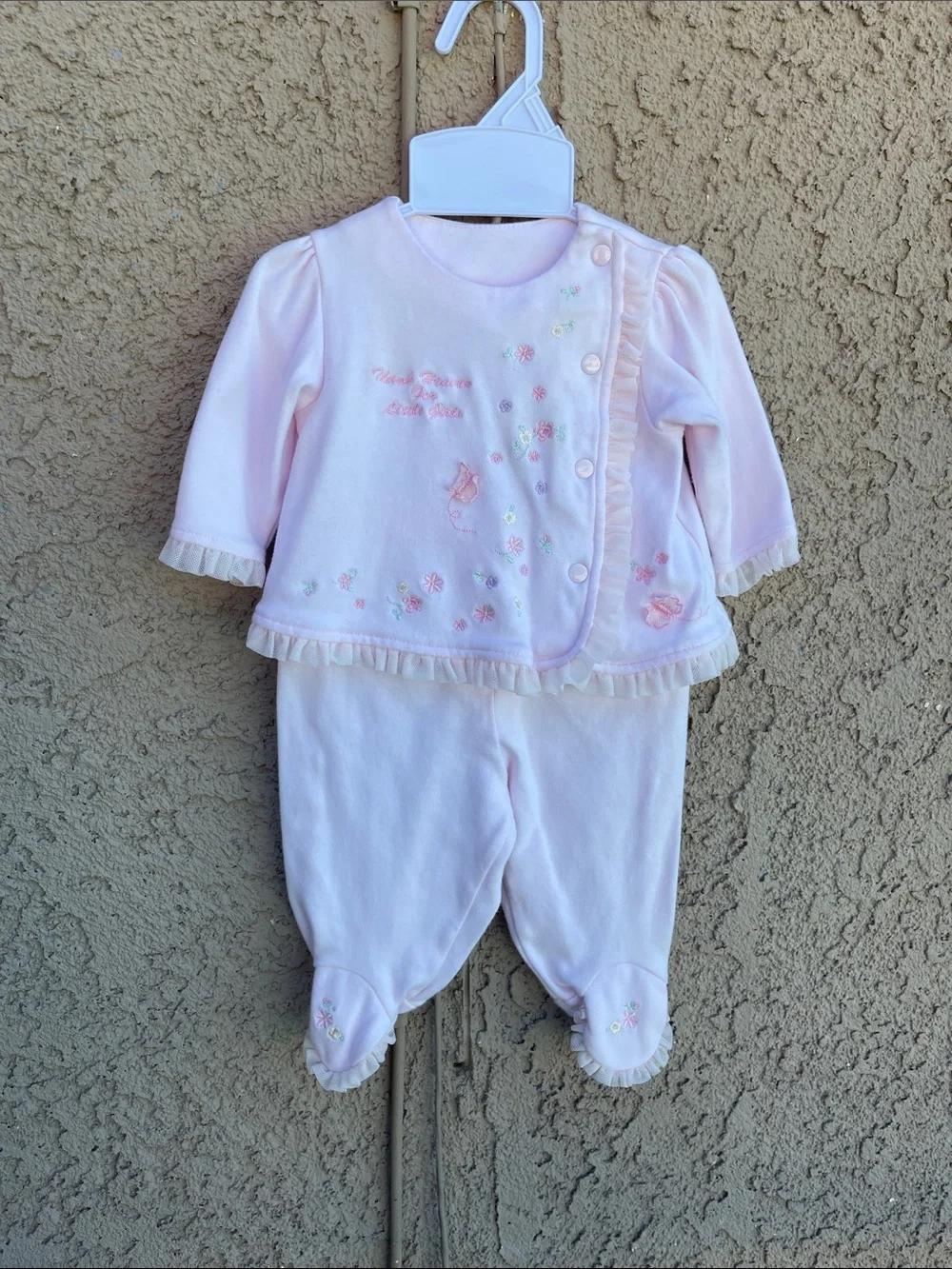 Vintage Soft Pink Baby Two-Piece Butterfly Floral Sz 0/3M Embroidery